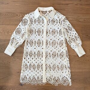ANewsta White Floral Lace Shirt Dress Cover Up Button Down Long Sleeve Large NWT